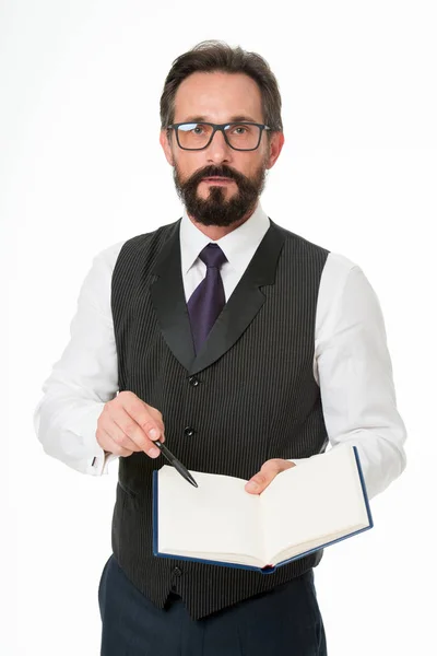 Man formele kleding houden Kladblok wit uitleggen zakelijke onderwerp. School bedrijfsconcept. Spreker handelsconferentie geïsoleerd wit. Deskundige brillen slimme leraar. Word lid van de elite bedrijfsgebeurtenis Academie — Stockfoto