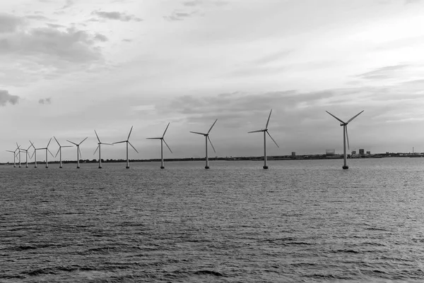 Turbinas eólicas en el mar en Copenhague, Dinamarca. Parque eólico marino para la producción de energías renovables sostenibles y alternativas. Economía verde. Ecología y medio ambiente. Energía ecológica —  Fotos de Stock