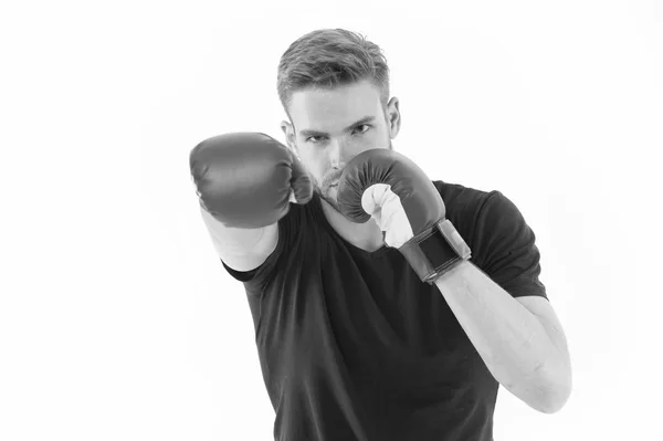 Man boxing isolated on white. Macho in red boxing gloves. Ready to fight. Confident sportsman. Energy and power, knockout. Fitness trainer at workout. Punching. Future aim and success. — Stock Photo, Image
