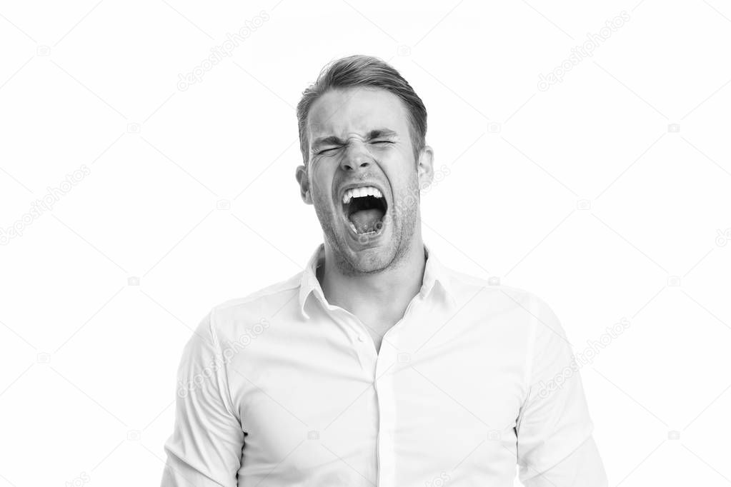 Emotional explosion. Man shouting face formal shirt white background. Man scream or yawn keep eyes closed. Guy with opened mouth yawns or shouting aggressively copy space