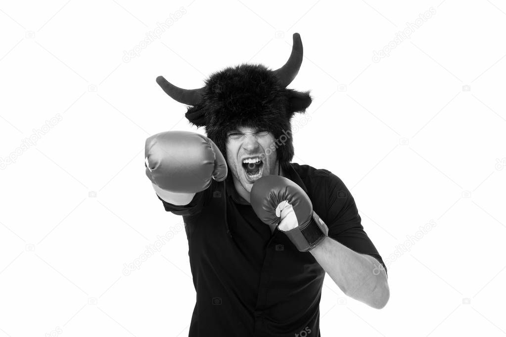 Aggression and masculinity. Man horns as devil or bull aggressive threaten violence gonna punch you. Aggressive intimidating individuals like to deliberately upset you. I am gonna punch you