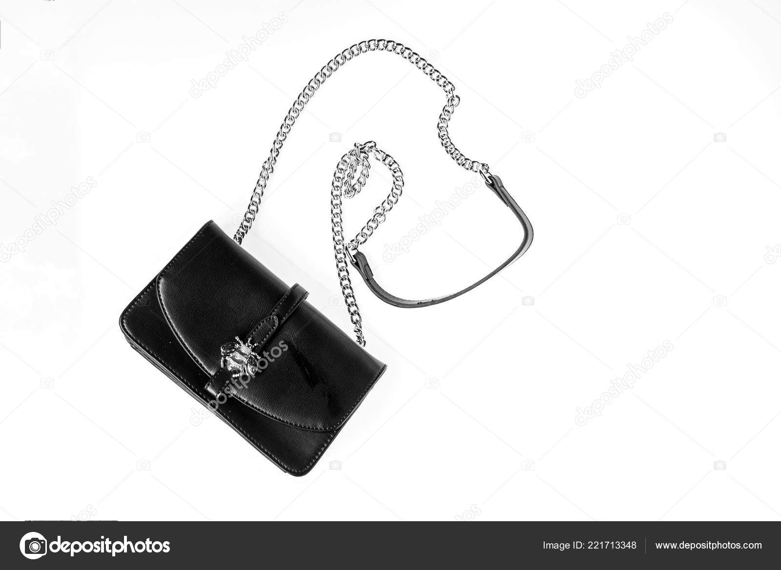 Purse, bag or handbag on white background. Fashionable accessories concept.  Purse made out of black leather on white background, isolated. Handbag for  women with long chain and decorative beetle Stock Photo by ©
