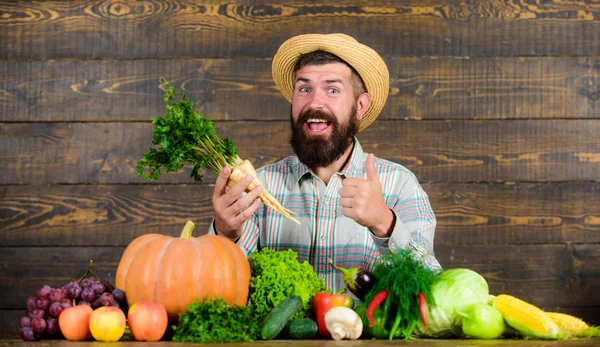Ο άνθρωπος χαρούμενος γενειοφόρος αγρότης κρατήστε χρένο ξύλινο υπόβαθρο. Αγρότης Άχυρο καπέλο παρουσιάζοντας φρέσκα λαχανικά. Αγρότης με homegrown συγκομιδή. Εμφάνιση ρουστίκ χωρικός αγρότης. Βιολογική καλλιέργεια — Φωτογραφία Αρχείου
