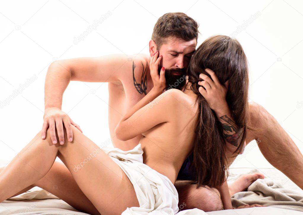 Intimacy and trust between partner. Hipster seduce attractive girl. Desire and intimacy concept. Couple make love sex. Sensual foreplay and intimacy. Lovers naked hug or cuddling. Intimacy moment