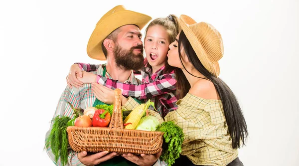 Family farm concept. Family farmers hug hold basket fall harvest. Family gardeners basket harvest isolated white background. Family gardening. Parents and daughter farmers celebrate harvest holiday