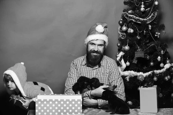戴着圣诞礼帽的男人和男孩与小狗玩耍 — 图库照片