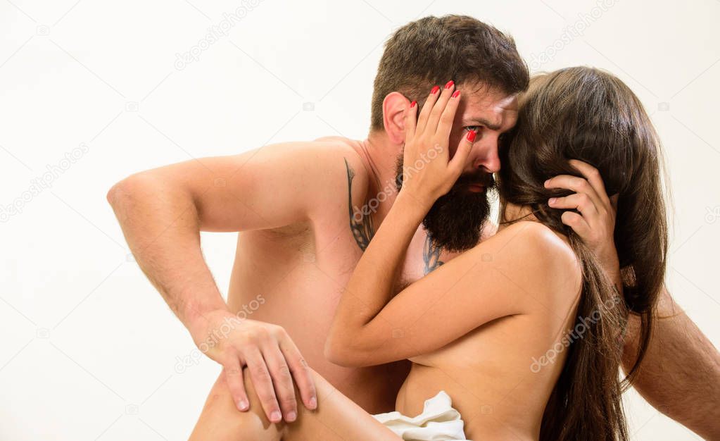 Couple make love have sex. Man with beard sexual foreplay. Foreplay master. Sex and love concept. Hot foreplay ideas. Couple intimate atmosphere. Lover and sexy naked female body foreplay in bed