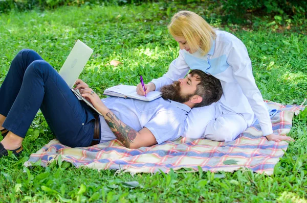 Family spend leisure outdoors work laptop. How to balance freelance and family life. Stories of enduring family success and innovation. Couple in love or family work freelance. Modern online business