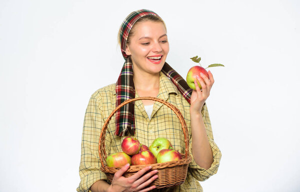 Женщина садовник деревенский стиль держать корзину с яблоками на белом фоне. Концепция сбора урожая. Женщина веселый сельский житель нести корзину с натуральными фруктами. Фермер-садовница гордится урожаем
