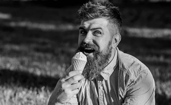 Bearded man with ice cream cone. Man with beard and mustache on happy face enjoy ice cream, grass on background, defocused. Delicacy concept. Man with long beard eats ice cream, while sits on grass