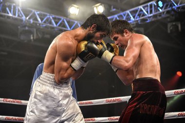 Kiev, Ukrayna - 16 Eylül 2017: Sparta boks Haritayı dahil altı sıralaması mücadele. Milli Güvenlik'Olimpiyskiy, Kiev, Ukrayna sıralaması için kavga sırasında halka tanımlanamayan bir boksörler