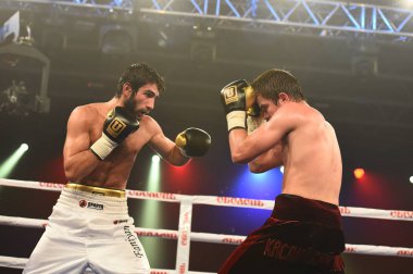 Kiev, Ukrayna - 16 Eylül 2017: Sparta boks Haritayı dahil altı sıralaması mücadele. Milli Güvenlik'Olimpiyskiy, Kiev, Ukrayna sıralaması için kavga sırasında halka tanımlanamayan bir boksörler