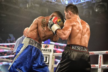 Kiev, Ukrayna - 16 Eylül 2017: Sparta boks Haritayı dahil altı sıralaması mücadele. Milli Güvenlik'Olimpiyskiy, Kiev, Ukrayna sıralaması için kavga sırasında halka tanımlanamayan bir boksörler