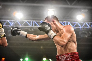 Kiev, Ukrayna - 16 Eylül 2017: Sparta boks Haritayı dahil altı sıralaması mücadele. Milli Güvenlik'Olimpiyskiy, Kiev, Ukrayna sıralaması için kavga sırasında halka tanımlanamayan bir boksörler