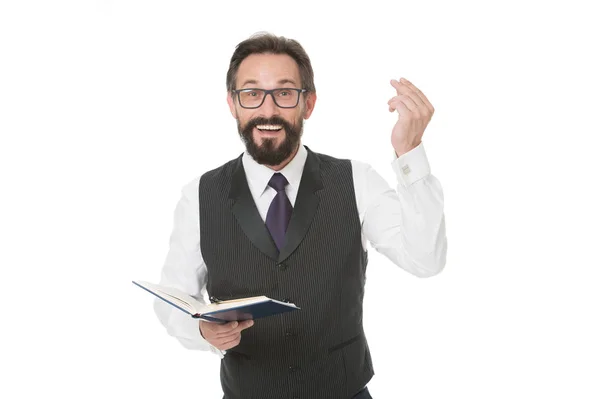 Spreker handelsconferentie geïsoleerd wit. Business academy docent. Man formele kleding houden Kladblok wit uitleggen zakelijke onderwerp. School bedrijfsconcept. Deskundige brillen slimme leraar — Stockfoto