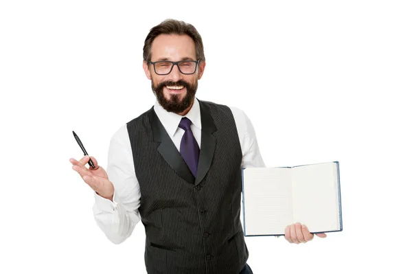 Spreker handelsconferentie geïsoleerd wit. Word lid van elite bedrijfsgebeurtenis Academie. Man formele kleding houden Kladblok wit uitleggen zakelijke onderwerp. School bedrijfsconcept. Deskundige brillen slimme leraar — Stockfoto