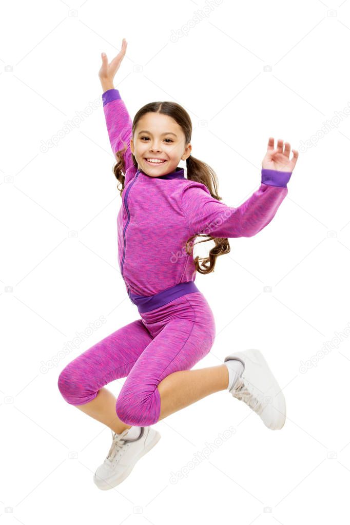 Deal with long hair while exercising. Girl cute kid with long ponytails sportive costume jump isolated on white. Working out with long hair. Sport for girls. Guidance on working out with long hair
