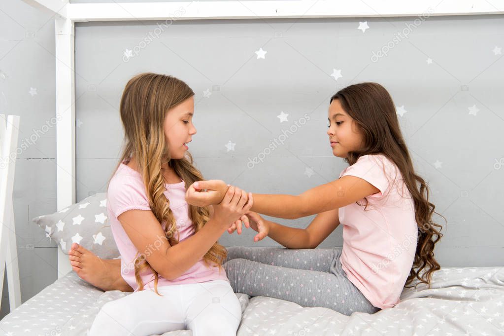 Joy and happiness. Good morning concept. Children cheerful play bedroom. Great start of day. Happy childhood moments. Happy together. Kids girls sisters best friends full of energy in cheerful mood