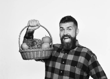 Heyecanlı yüzlü çiftçi elmalar, üzümler ve kızılcıklar sunar