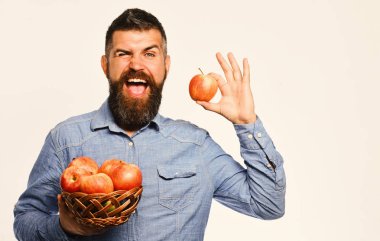 Sakallı adam elma meyveli hasır kaseyi tutuyor.