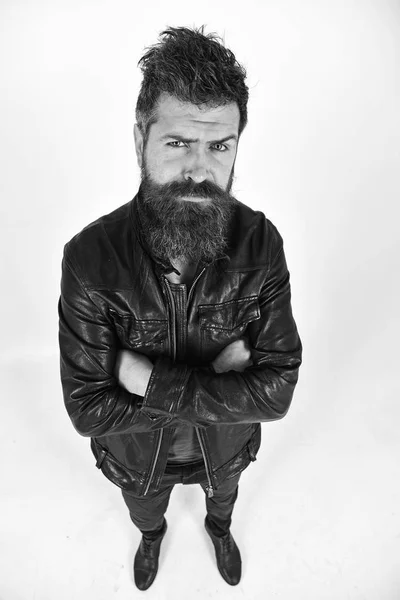 Uomo con la barba e i baffi sul viso severo che guarda la macchina fotografica. Macho indossa giacca di pelle, sfondo bianco. Concetto uomo e moda. Hipster sembra serio mentre posa in abito elegante — Foto Stock