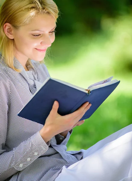 Female literature. Relax leisure an hobby concept. Best self help books for women. Books every girl should read. Girl concentrated sit park read book nature background. Reading inspiring books