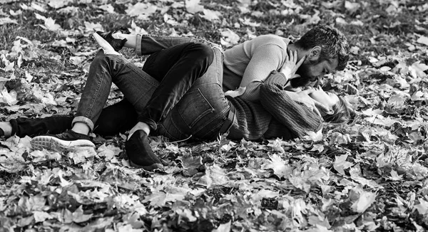 Casal no amor está em folhas caídas secas no parque — Fotografia de Stock