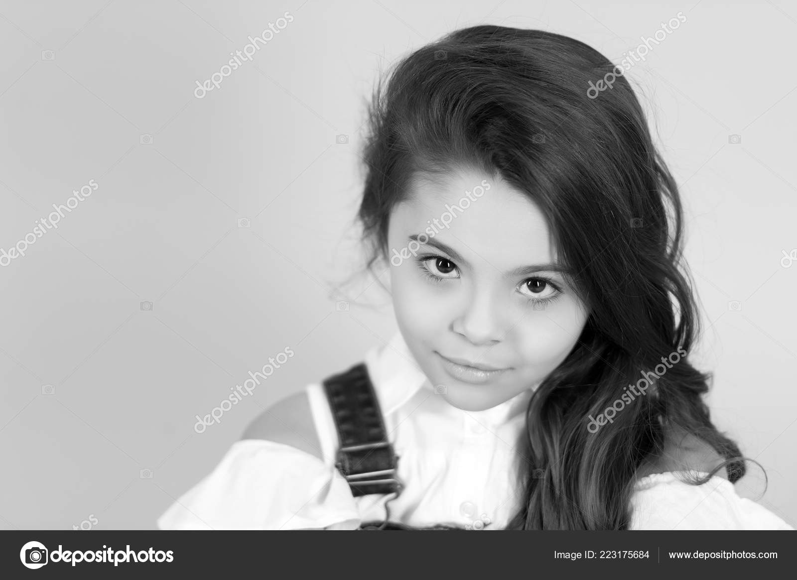Little Brunette Girl With Curly Hair Black And White Happy