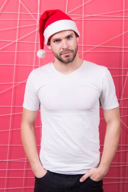 teslimat Noel hediyeleri. santa şapka adam Noel hediyesi için bekleyin. mutlu Noel Baba adam. Xmas önce sabah. Online Noel alışveriş. Yeni Yılınız Kutlu Olsun. Noel eğlenceli. Kış tatil satış