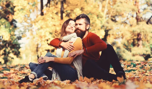 Pareja enamorada de bufandas se sienta en hojas en el parque — Foto de Stock