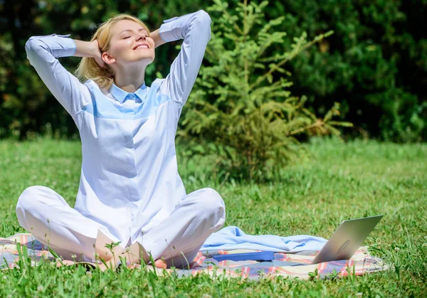 Clear your mind. Girl meditate on rug green grass meadow nature background. Find minute to relax. Woman relaxing practicing meditation. Every day meditation. Reasons you should meditate every day