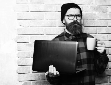 Sakallı, beyaz tenli hippi elinde bardakla dizüstü bilgisayar tutuyor.