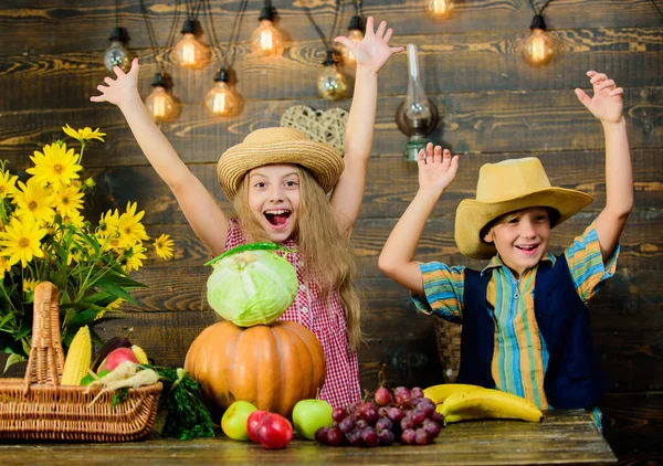 Діти грають на дерев'яному фоні з овочів. Дитяча дівчинка-хлопчик носить капелюх святкувати фестиваль урожаю сільського стилю. Ідея фестивалю осінь початкової школи. Осінній фестиваль урожаю. Святкувати свято урожаю — стокове фото