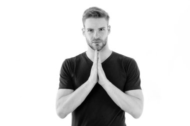 Her şey için teşekkür ederiz. Adam konsantre face, beyaz arka plan kıl. Adam konsantre dua eden jest sakallı. Namaste kavramı. Sakal veya tıraşsız adam hakkındaki düşüncelerini konsantre olan adam