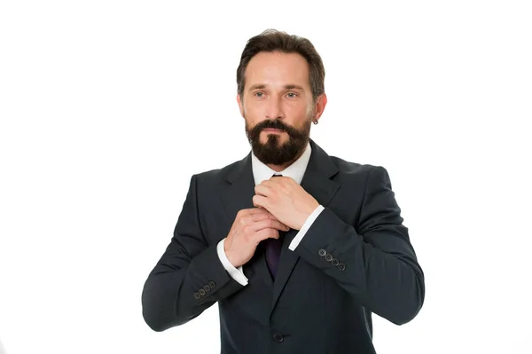 Omul Ajustează Cravata Izolată Alb Omul Afaceri Barbă Costum Formal — Fotografie, imagine de stoc