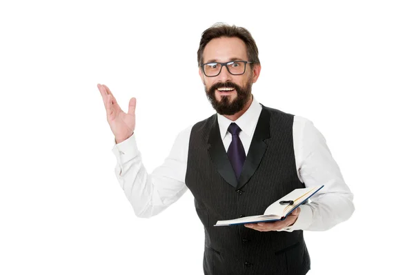 School bedrijfsconcept. Deskundige brillen slimme leraar. Spreker handelsconferentie geïsoleerd wit. Business academy docent. Man formele kleding houden Kladblok wit uitleggen zakelijke onderwerp — Stockfoto