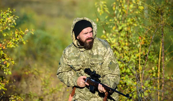 Experience and practice lends success hunting. Hunting season. Harvest animals typically restricted. Guy hunting nature environment. Bearded hunter rifle nature background. Hunting hobby concept — Stock Photo, Image