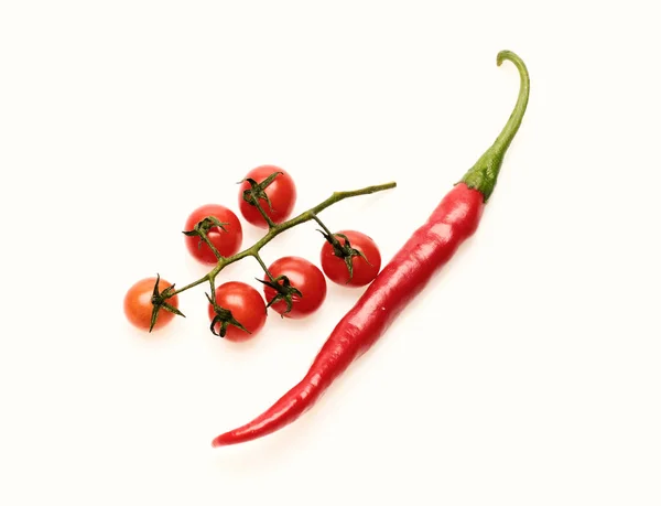 Tomato branch composition with hot pepper. Tomatoes with chili pepper — Stock Photo, Image