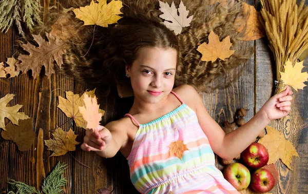 Gyerek lány mosolygó arc pihenjen a fából készült háttér őszi attribútumok felülnézet. Gyermek juhar őszi hosszú hajjal hagy. Őszi coziness az csak kb. Tippek a legjobb szezon őszi fordult — Stock Fotó