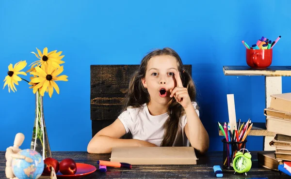 Chica se sienta en el escritorio con útiles escolares — Foto de Stock