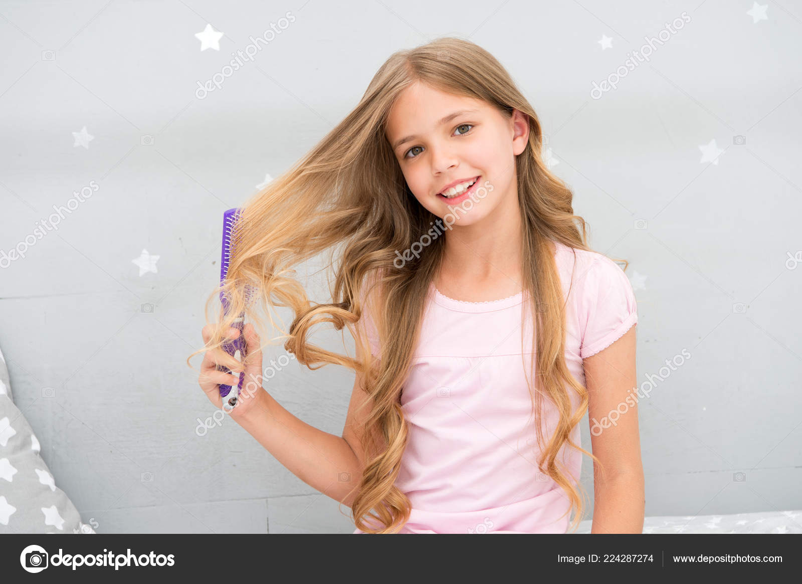 Child Curly Hairstyle Hold Hairbrush Or Comb Comb Hair Before Go