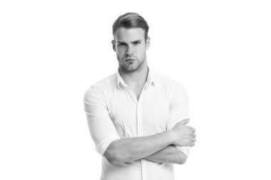 Genç ve kendinden emin. Adam iyi izole beyaz şık gömlek beyaz arka plan bakımlı. Maço emin hazır çalışma ofisi. Adam ofis çalışanı yakışıklı geçti ellerini tutar. Office alt görünüm