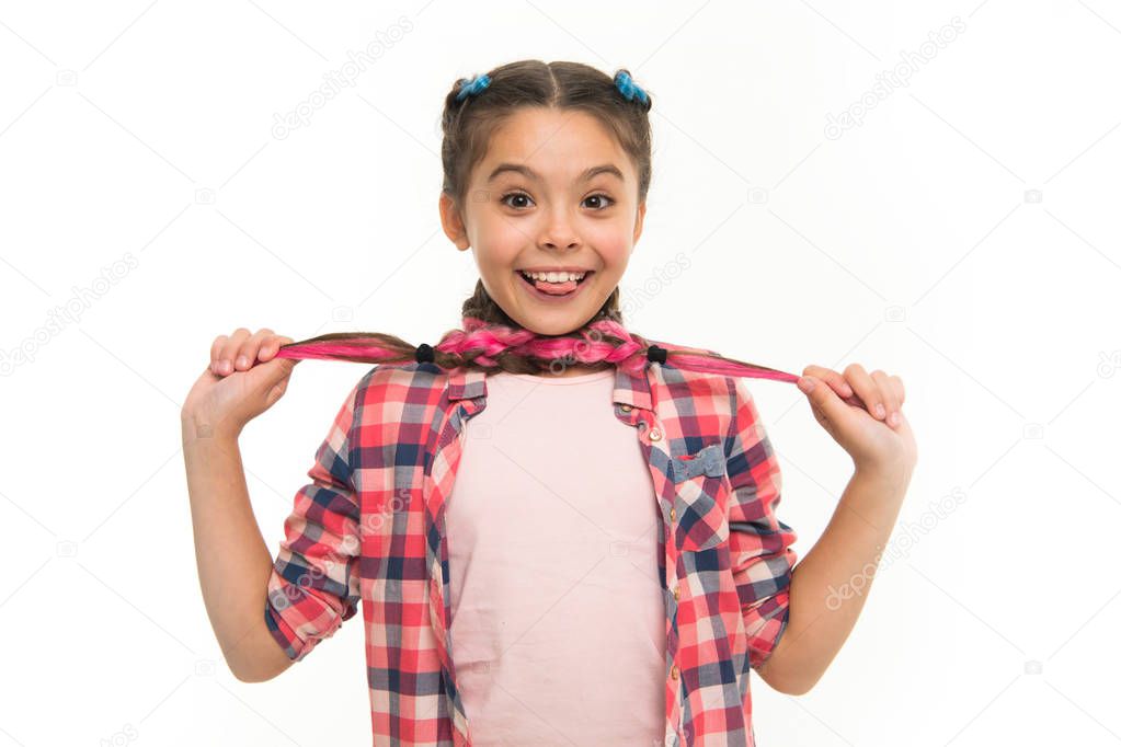 Girl long braids white background. Kanekalon jumbo braids. Keep hairstyle braided for healthier hair. Kid play with long braided hair show tongue grimace as choking. Hairdresser salon. Just for fun