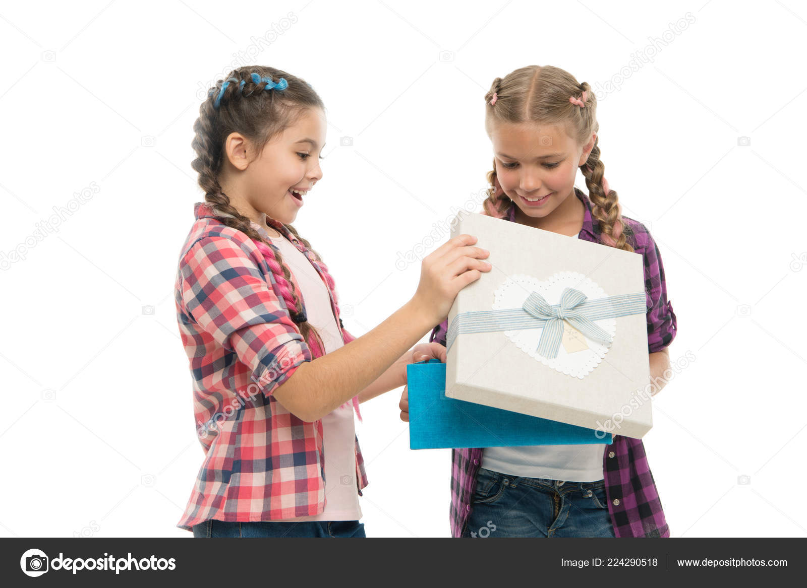 Kids Little Girls With Braids Hairstyle Hold Gift Box