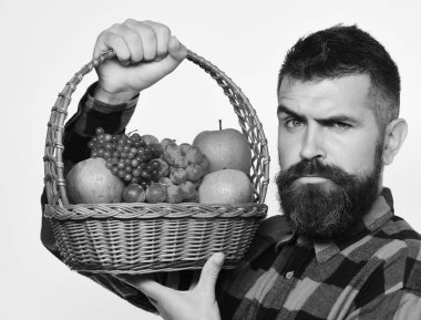 Sakallı bir adam beyaz arka planda meyveli sepeti tutuyor..