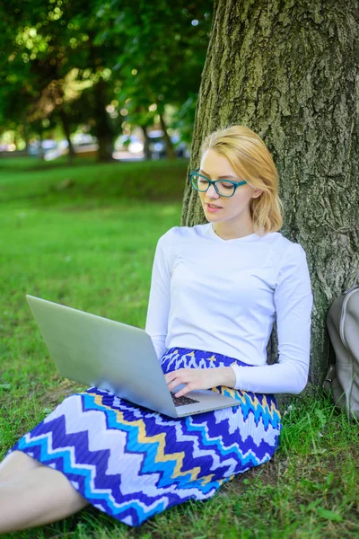 Bevétel elősegít-ból szabadúszó. Lány ül fű sovány fa törzse notebook. Wi-fi hálózati kapcsolat ingyenes hozzáférés. Lady szabadúszóként dolgozik a parkban. Nő laptop működik szabadtéri, park háttér — Stock Fotó