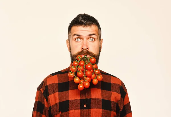 驚いた顔で農民が口の中でチェリー トマトを保持します。. — ストック写真