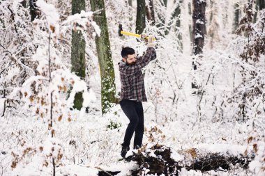 Arka plan üzerinde kar tarafından odun adam ağaçları ile kaplı