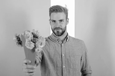 Senin maço verir çiçekler için romantik hediye olarak bu. Kendine güvenen erkek arkadaşı buket çiçek tutar. Adam romantik tarih için hazır buket pembe çiçekler getir. Adamı getirdiğimde vermek hoş romantik hediye