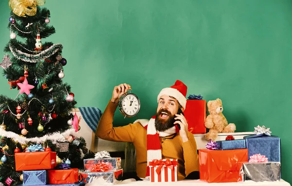 Man with beard and happy face sends greetings on New Year. Santa holds cellphone and clock. Winter holiday and technologies concept. Santa Claus talks on mobile phone near fir tree on green background